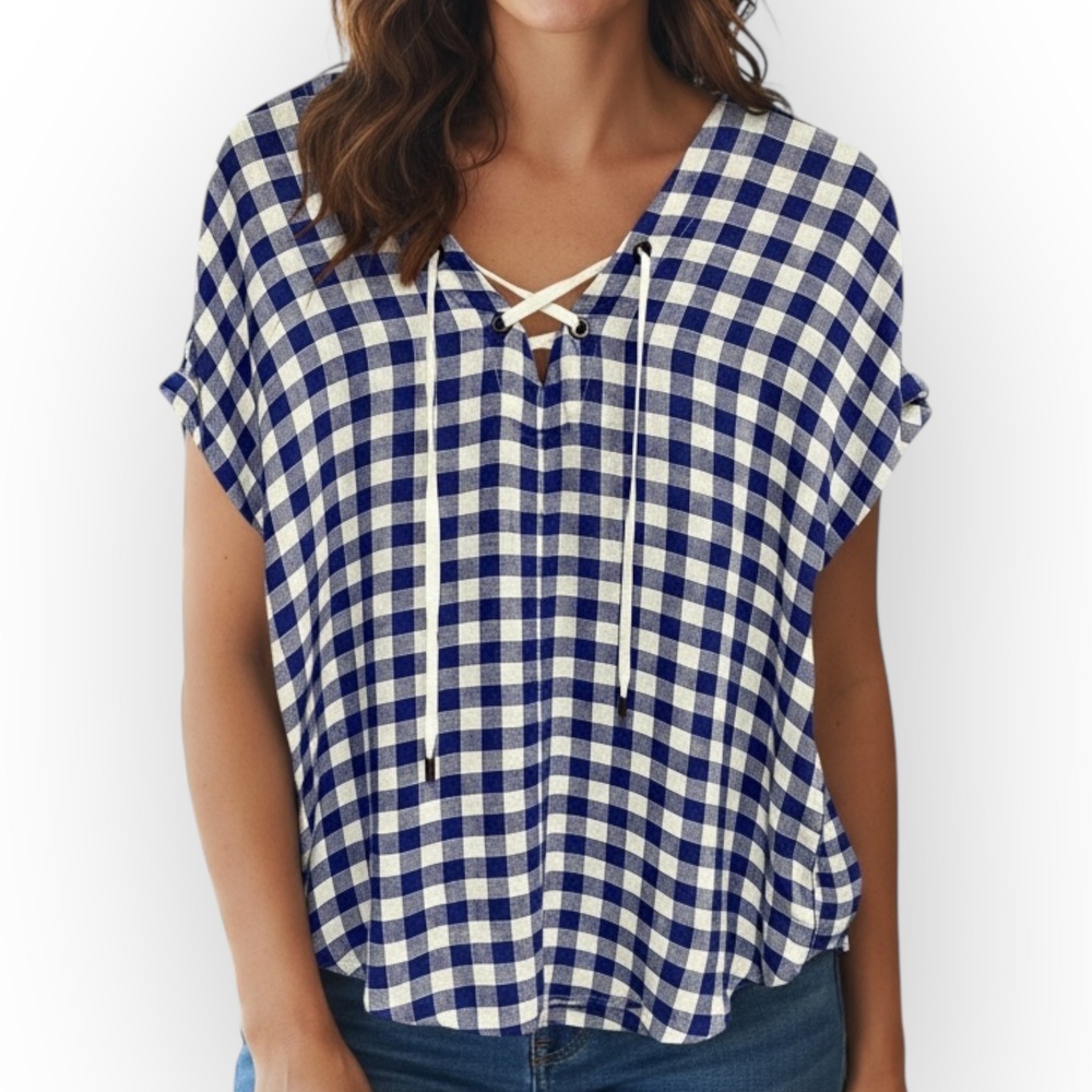Rails Blue White Gingham Lace Up Blouse Women’s Size Medium Cottagecore